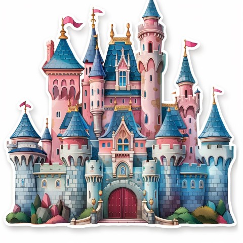 Cute Kawaii Stickers Majestic Castle with Blushing Walls and Flags on White Background (82)