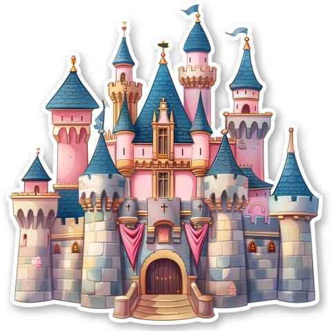 Cute Kawaii Stickers Majestic Castle with Blushing Walls and Flags on White Background (86)