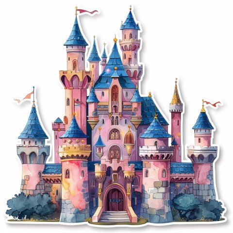 Cute Kawaii Stickers Majestic Castle with Blushing Walls and Flags on White Background (96)