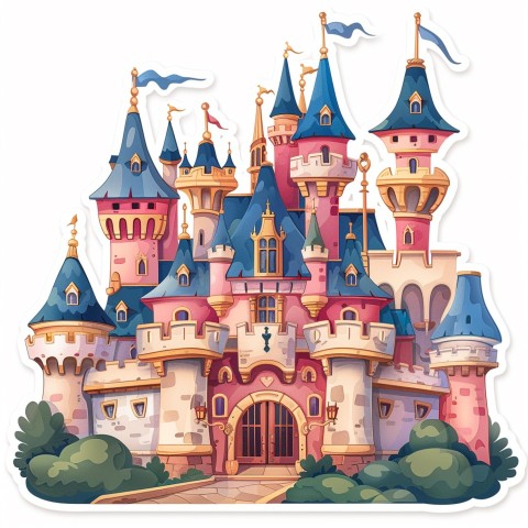 Cute Kawaii Stickers Majestic Castle with Blushing Walls and Flags on White Background (99)