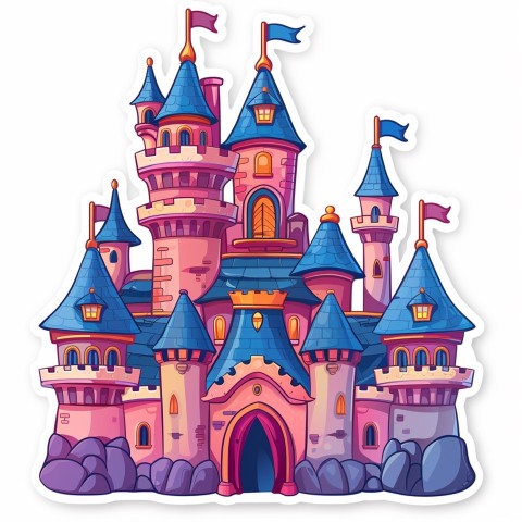 Cute Kawaii Stickers Majestic Castle with Blushing Walls and Flags on White Background (120)