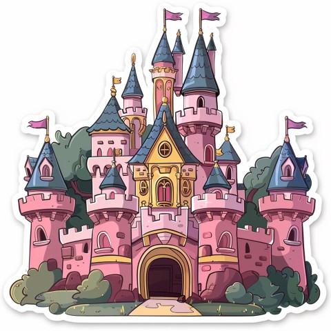 Cute Kawaii Stickers Majestic Castle with Blushing Walls and Flags on White Background (105)