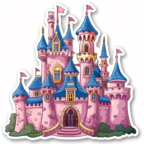 Cute Kawaii Stickers Majestic Castle with Blushing Walls and Flags on White Background (113)