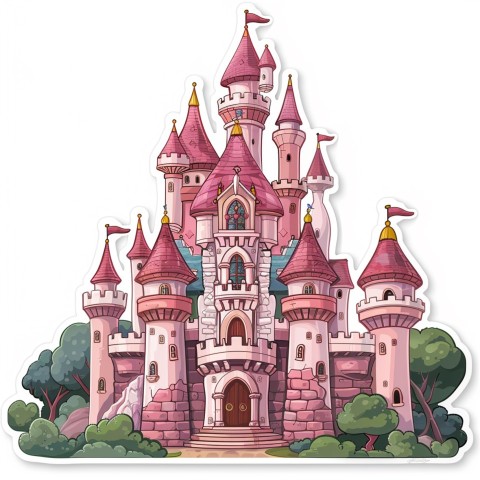 Cute Kawaii Stickers Majestic Castle with Blushing Walls and Flags on White Background (114)