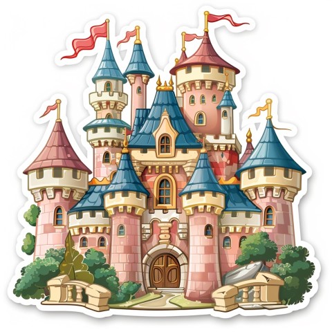 Cute Kawaii Stickers Majestic Castle with Blushing Walls and Flags on White Background (108)