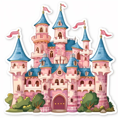 Cute Kawaii Stickers Majestic Castle with Blushing Walls and Flags on White Background (104)