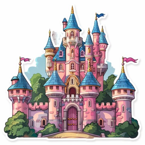 Cute Kawaii Stickers Majestic Castle with Blushing Walls and Flags on White Background (102)