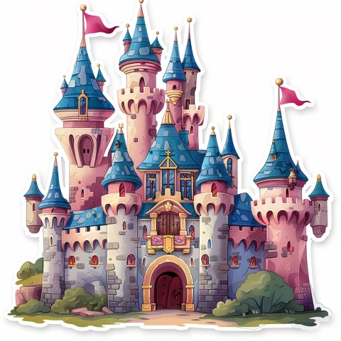 Cute Kawaii Stickers Majestic Castle with Blushing Walls and Flags on White Background (101)