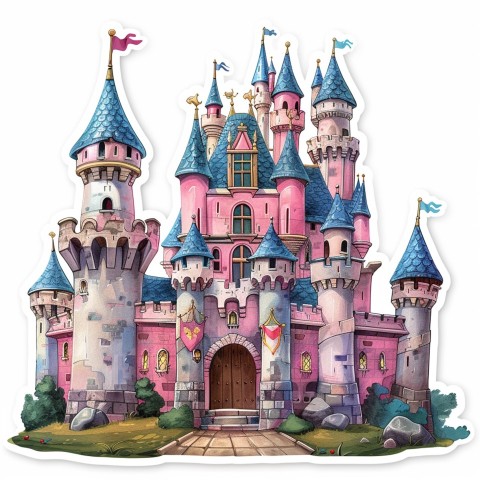 Cute Kawaii Stickers Majestic Castle with Blushing Walls and Flags on White Background (103)