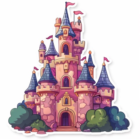 Cute Kawaii Stickers Majestic Castle with Blushing Walls and Flags on White Background (132)