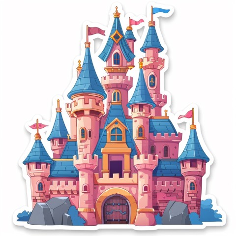 Cute Kawaii Stickers Majestic Castle with Blushing Walls and Flags on White Background (138)