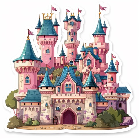 Cute Kawaii Stickers Majestic Castle with Blushing Walls and Flags on White Background (121)