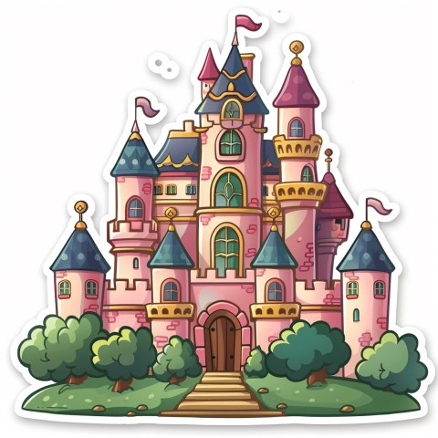 Cute Kawaii Stickers Majestic Castle with Blushing Walls and Flags on White Background (134)