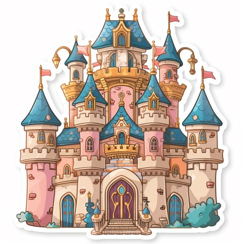 Cute Kawaii Stickers Majestic Castle with Blushing Walls and Flags on White Background (131)