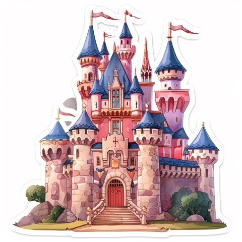 Cute Kawaii Stickers Majestic Castle with Blushing Walls and Flags on White Background (125)