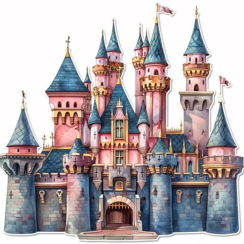 Cute Kawaii Stickers Majestic Castle with Blushing Walls and Flags on White Background (135)