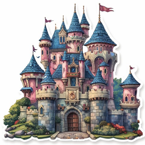 Cute Kawaii Stickers Majestic Castle with Blushing Walls and Flags on White Background (130)