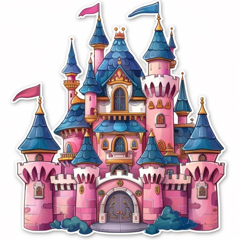 Cute Kawaii Stickers Majestic Castle with Blushing Walls and Flags on White Background (126)