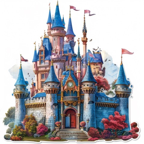 Cute Kawaii Stickers Majestic Castle with Blushing Walls and Flags on White Background (124)