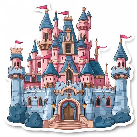 Cute Kawaii Stickers Majestic Castle with Blushing Walls and Flags on White Background (143)