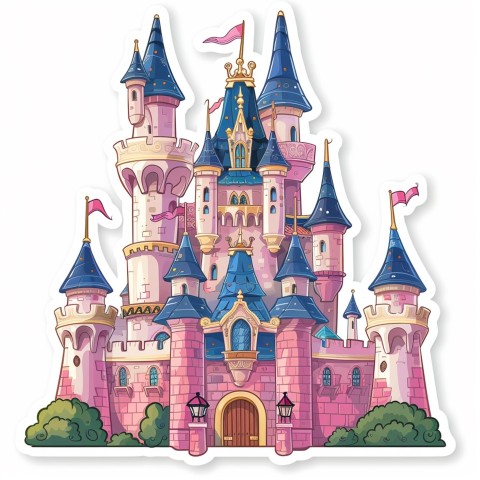 Cute Kawaii Stickers Majestic Castle with Blushing Walls and Flags on White Background (146)