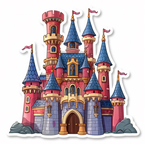 Cute Kawaii Stickers Majestic Castle with Blushing Walls and Flags on White Background (147)