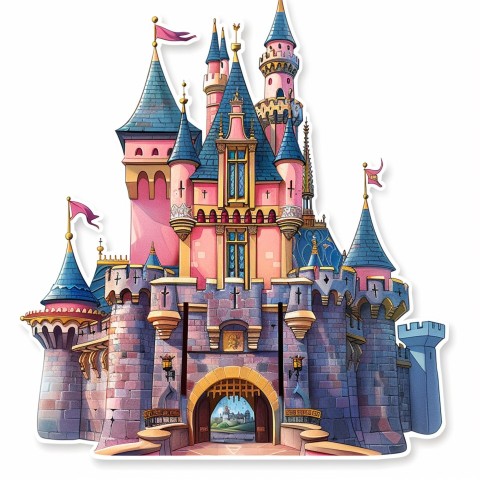 Cute Kawaii Stickers Majestic Castle with Blushing Walls and Flags on White Background (150)