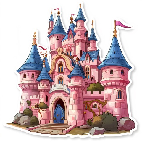 Cute Kawaii Stickers Majestic Castle with Blushing Walls and Flags on White Background (153)