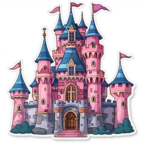 Cute Kawaii Stickers Majestic Castle with Blushing Walls and Flags on White Background (160)