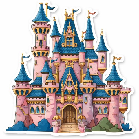 Cute Kawaii Stickers Majestic Castle with Blushing Walls and Flags on White Background (152)