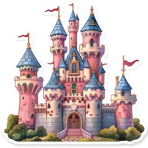 Cute Kawaii Stickers Majestic Castle with Blushing Walls and Flags on White Background (167)