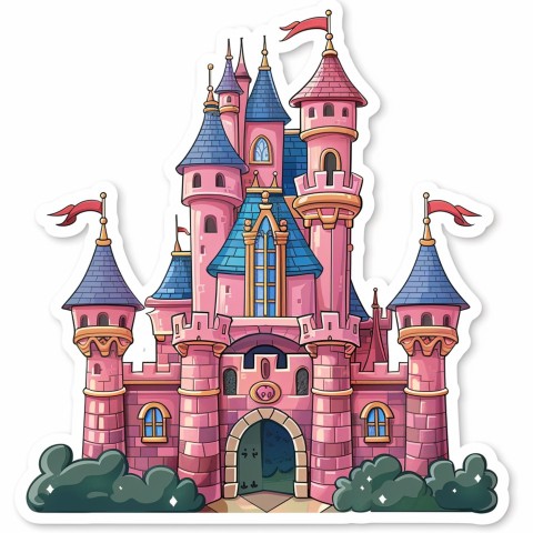 Cute Kawaii Stickers Majestic Castle with Blushing Walls and Flags on White Background (171)