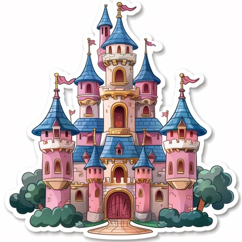 Cute Kawaii Stickers Majestic Castle with Blushing Walls and Flags on White Background (168)