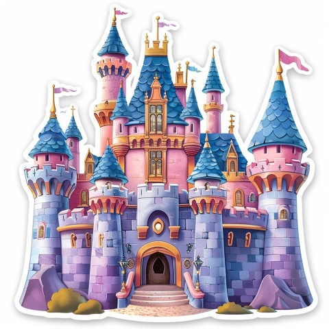 Cute Kawaii Stickers Majestic Castle with Blushing Walls and Flags on White Background (166)