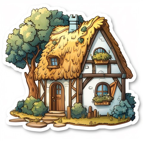 Cute Kawaii Stickers Quaint Cottage with Thatched Roof and Smiling Door on White Background (1)