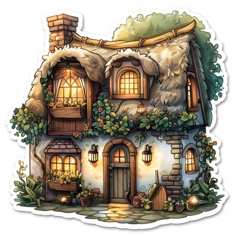 Cute Kawaii Stickers Quaint Cottage with Thatched Roof and Smiling Door on White Background (16)