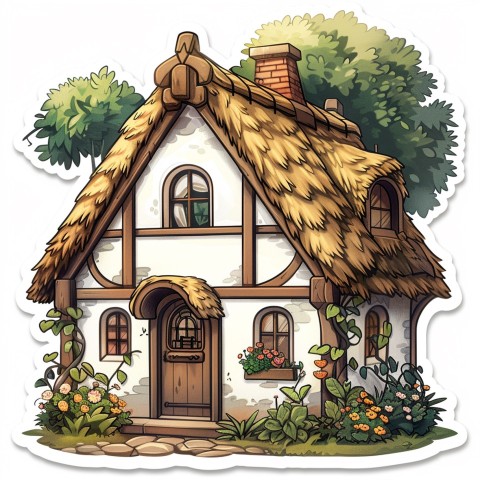 Cute Kawaii Stickers Quaint Cottage with Thatched Roof and Smiling Door on White Background (15)