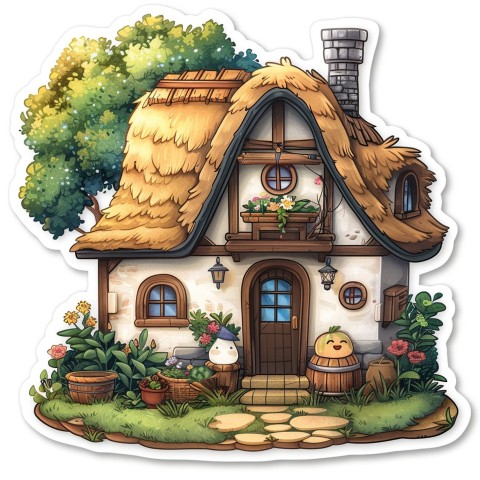 Cute Kawaii Stickers Quaint Cottage with Thatched Roof and Smiling Door on White Background (19)