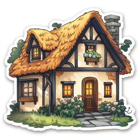 Cute Kawaii Stickers Quaint Cottage with Thatched Roof and Smiling Door on White Background (14)