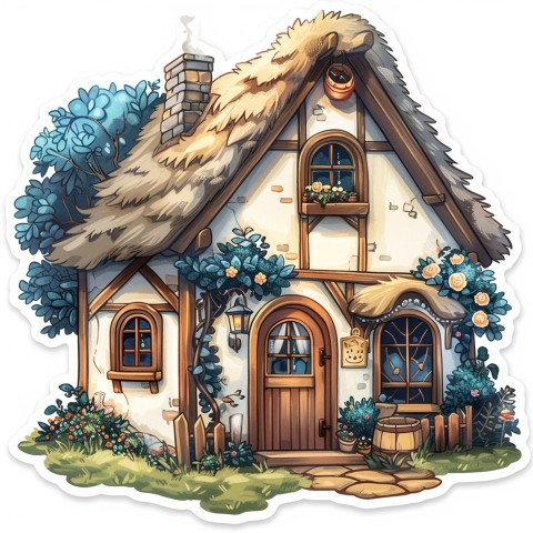 Cute Kawaii Stickers Quaint Cottage with Thatched Roof and Smiling Door on White Background (2)