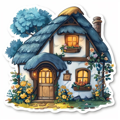 Cute Kawaii Stickers Quaint Cottage with Thatched Roof and Smiling Door on White Background (10)