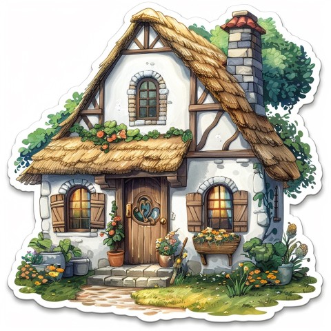 Cute Kawaii Stickers Quaint Cottage with Thatched Roof and Smiling Door on White Background (12)