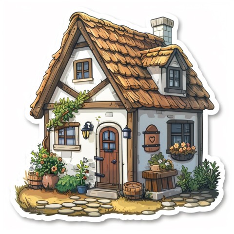 Cute Kawaii Stickers Quaint Cottage with Thatched Roof and Smiling Door on White Background (38)