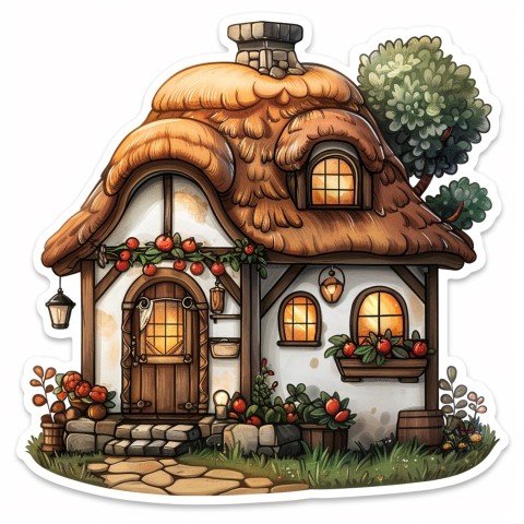 Cute Kawaii Stickers Quaint Cottage with Thatched Roof and Smiling Door on White Background (39)