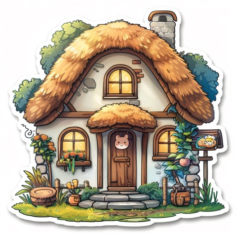 Cute Kawaii Stickers Quaint Cottage with Thatched Roof and Smiling Door on White Background (32)