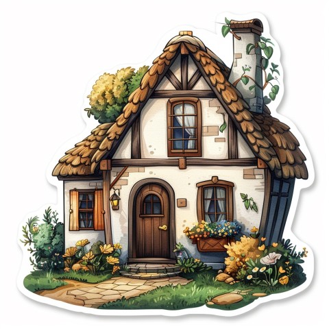 Cute Kawaii Stickers Quaint Cottage with Thatched Roof and Smiling Door on White Background (26)