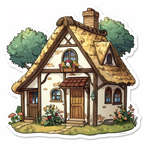 Cute Kawaii Stickers Quaint Cottage with Thatched Roof and Smiling Door on White Background (30)