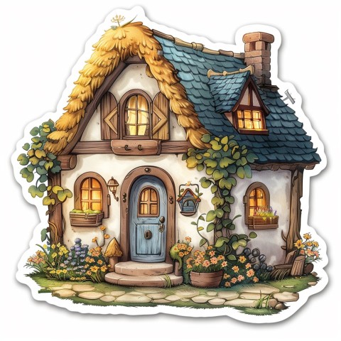 Cute Kawaii Stickers Quaint Cottage with Thatched Roof and Smiling Door on White Background (28)