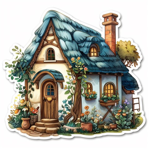 Cute Kawaii Stickers Quaint Cottage with Thatched Roof and Smiling Door on White Background (33)