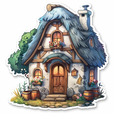 Cute Kawaii Stickers Quaint Cottage with Thatched Roof and Smiling Door on White Background (22)